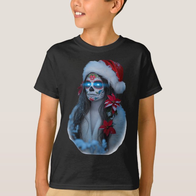 Camiseta Christmas Sugar Skull Art Woman Santa Hat Festive  (Frente)