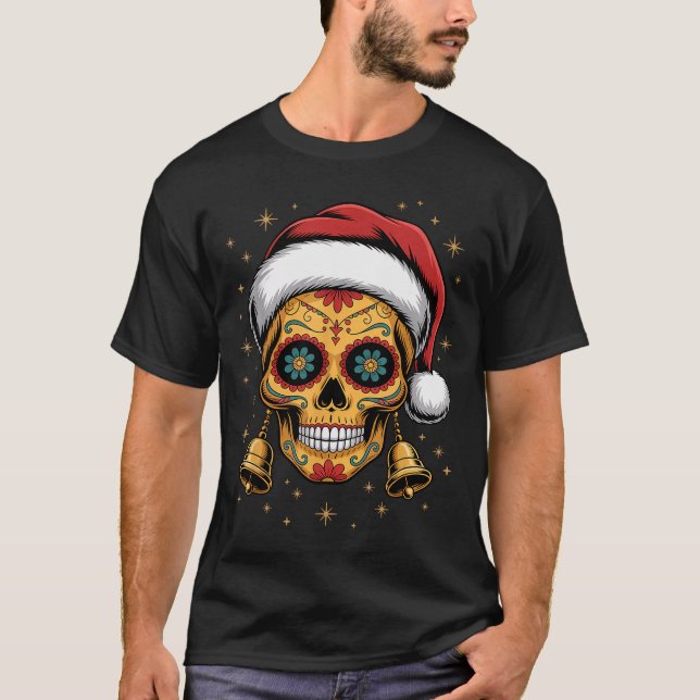 Camiseta Christmas Sugar Skull Art Woman Santa Hat Festive  (Frente)