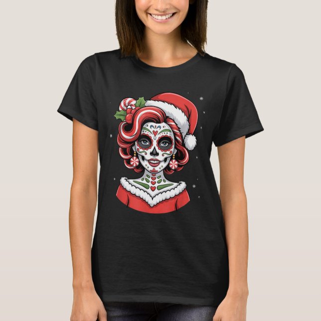 Camiseta Christmas Sugar Skull Art Woman Santa Hat Festive  (Frente)