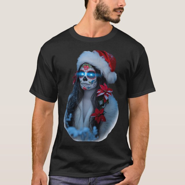 Camiseta Christmas Sugar Skull Art Woman Santa Hat Festive  (Frente)