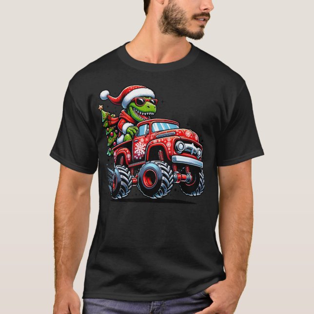 Camiseta Christmas T Rex Monster Truck Boys Dinosaur Santa  (Frente)