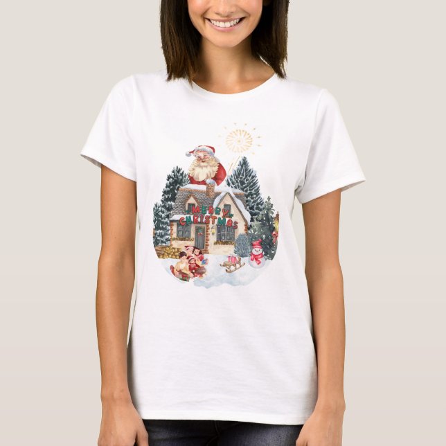 Camiseta Christmas T-Shirt with Santa Claus and Family  (Frente)