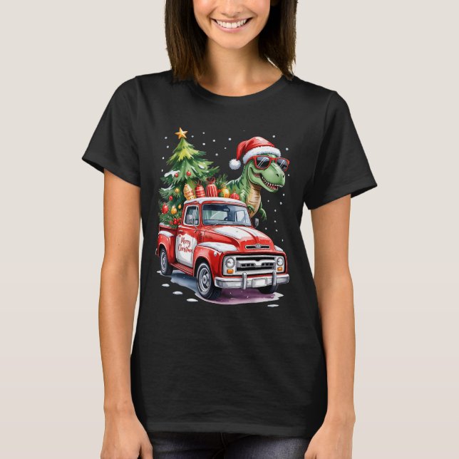 Camiseta Christmas Tree Car Truck Dinosaur Trex Christmas B (Frente)