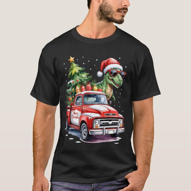 Camiseta Christmas Tree Car Truck Dinosaur Trex Christmas B (Frente)