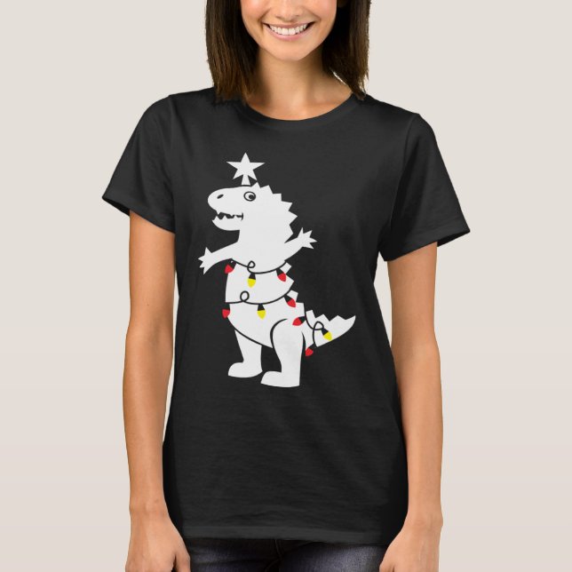 Camiseta Christmas Tree Rex Dinosaur Xmas Lights Rex Pun Jo (Frente)