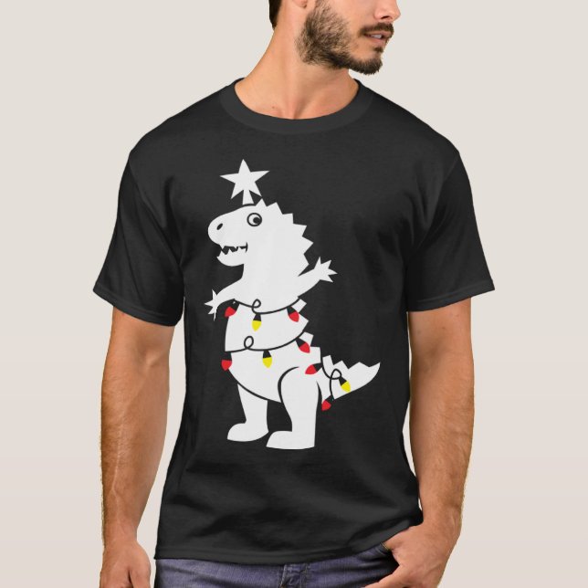 Camiseta Christmas Tree Rex Dinosaur Xmas Lights Rex Pun Jo (Frente)