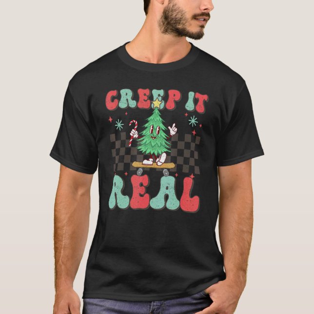 Camiseta Christmas Tree Skateboarding Creep it Real Xmas Ho (Frente)