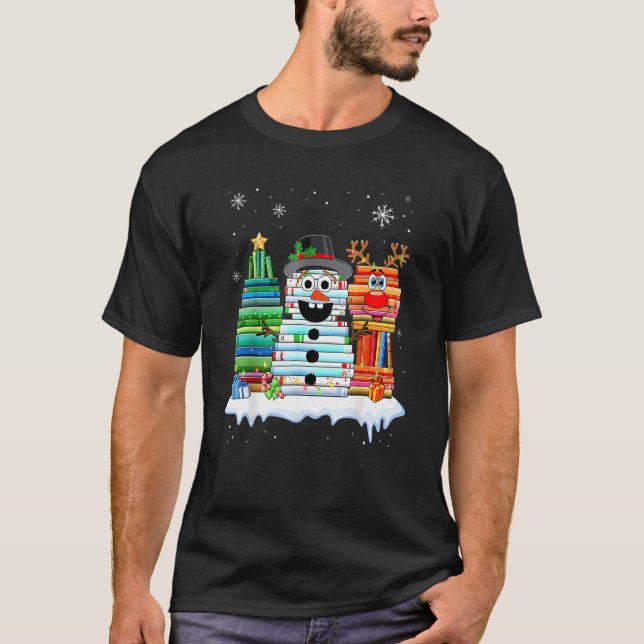 Camiseta Christmas Tree Snowman Reindeer Book Stack Librari (Frente)
