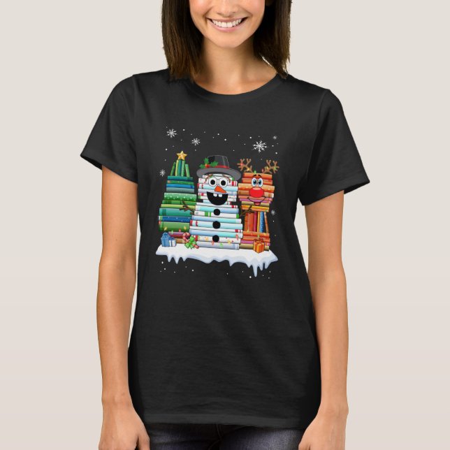 Camiseta Christmas Tree Snowman Reindeer Book Stack Librari (Frente)