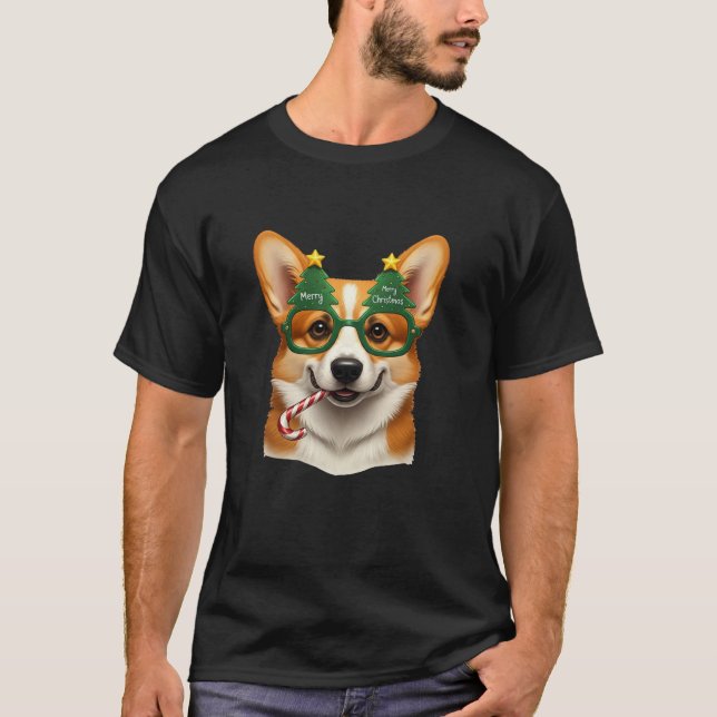 Camiseta Christmas Tree Sunglasses Corgi Candy Cane Mens Wo (Frente)
