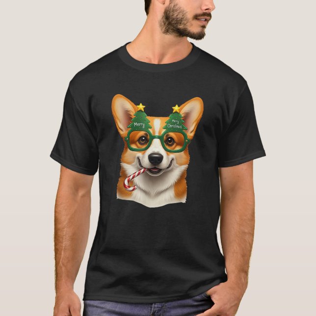 Camiseta Christmas Tree Sunglasses Corgi Candy Cane Mens Wo (Frente)