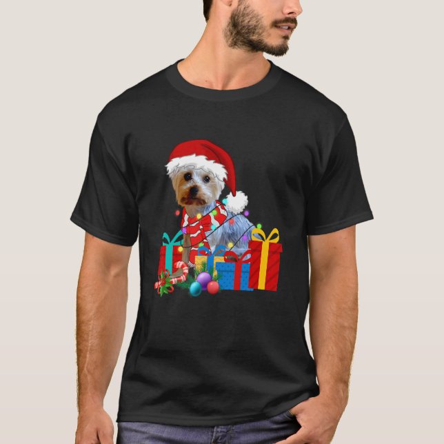Camiseta Christmas Yorkshire Terrier Dog Xmas Lights Santa  (Frente)