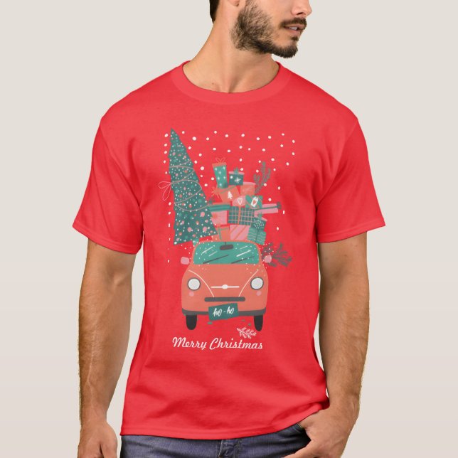 Camiseta Christmasree And Gifts In A Car Ho Ho Ho Happy fri (Frente)