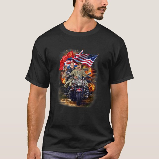 Camiseta Churchill, Roosevelt e Stalin Riding Motorcycle (Frente)