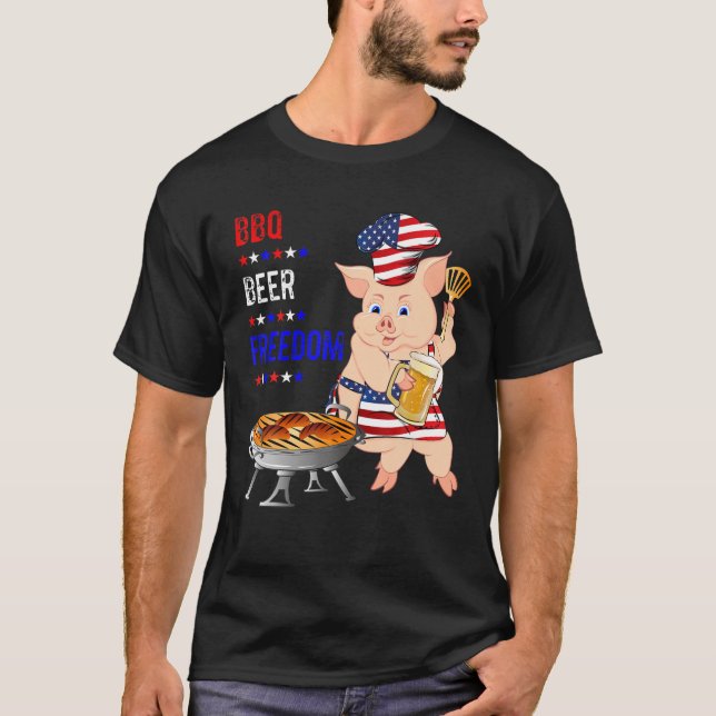 Camiseta Churrasco Beer Freedom Pig American Flag Apron Gri (Frente)