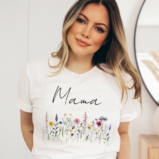 Camiseta Chuva de Bebê Mamãe Prado de Flores Silvestres Ele (Criador carregado)