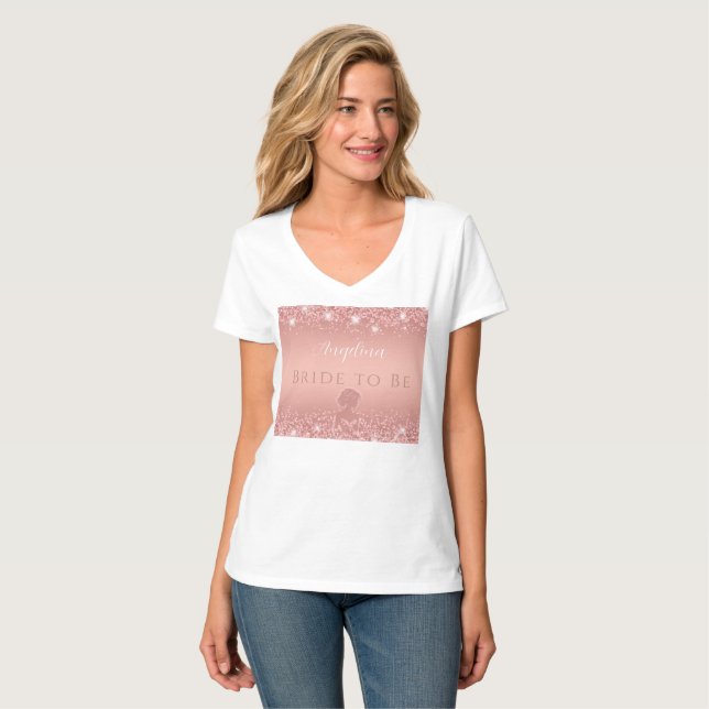 Camiseta Chuveiro de Noiva Elegante Rosa Dourado Luxo Brilh (Frente Completa)