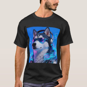Camiseta Ciberpunk Husky Avatar Neon Tech Cachorro Bonito e