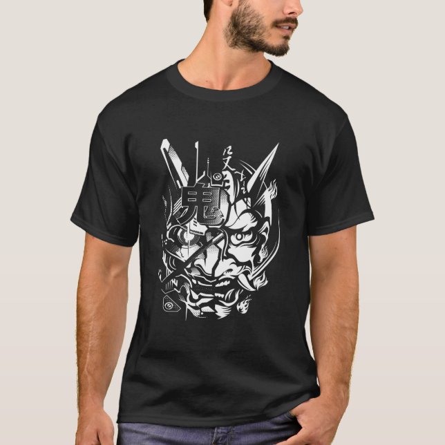 Camiseta Ciberpunk Samurai Japonês Techwear Divertido Oni (Frente)