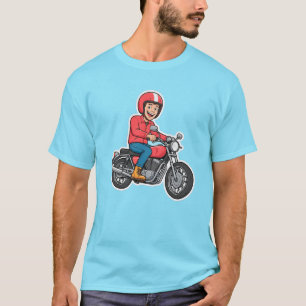 Camiseta Ciclista de desenho animado pilotando uma motocicl