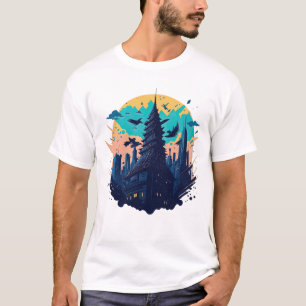 Camiseta Cidade colorida Cyberpunk no estilo Watercolor