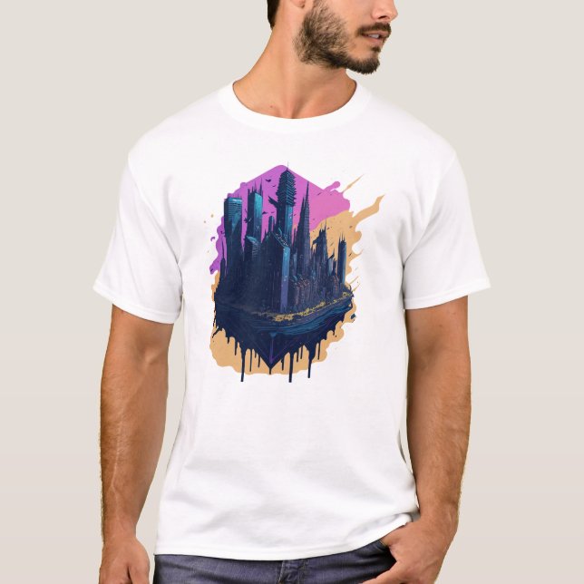 Camiseta Cidade colorida Cyberpunk no estilo Watercolor (Frente)