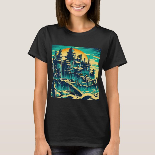 Camiseta Cidade de Atlantis 1 - Estilo de Woodblock (Frente)