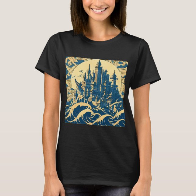 Camiseta Cidade de Atlantis 3 - Estilo de Woodblock (Frente)