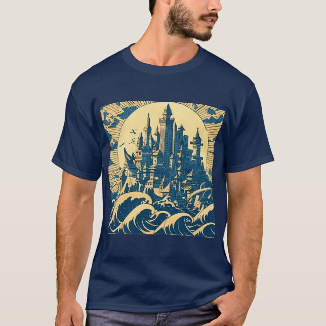 Camiseta Cidade de Atlantis 3 - Estilo de Woodblock (Frente)