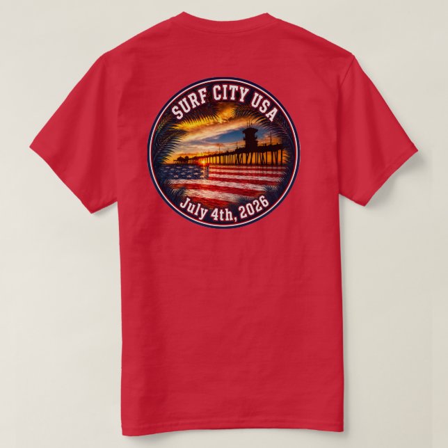 Camiseta CIDADE DE SURFE EUA - 4 de julho de 2026 (Verso do Design)