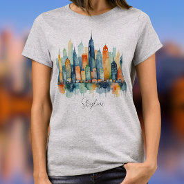 Camiseta Cidade em Aquarela Silhueta Moderno Resfriar Gráfi