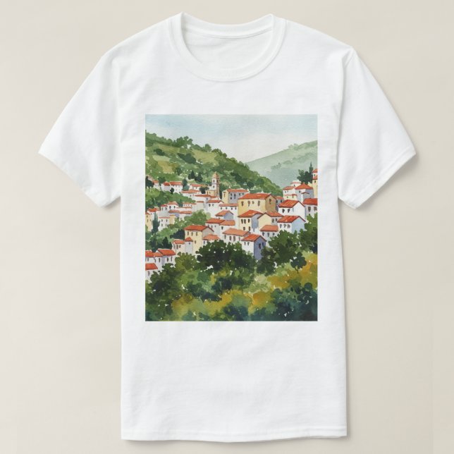 Camiseta Cidade em uma colina verde (Frente do Design)