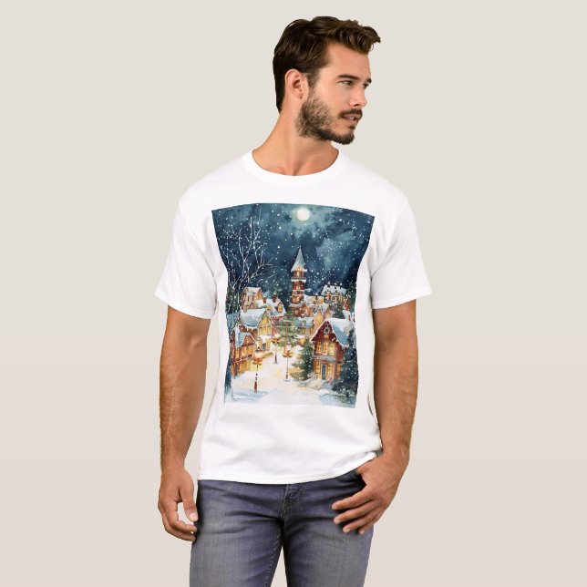 Camiseta Cidade ilustrativa de Natal na neve (Frente Completa)