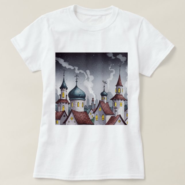 Camiseta Cidade pitoresca à noite (Frente do Design)