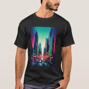 Camiseta Cidade surreal vaporwave com um sol digital e palm