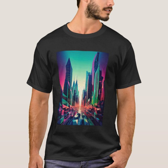Camiseta Cidade surreal vaporwave com um sol digital e palm (Frente)