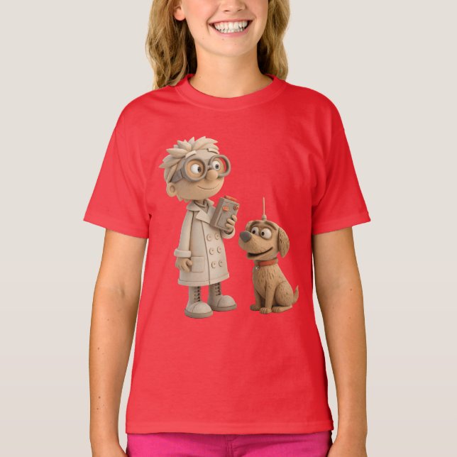 Camiseta Cientista e Cachorro de Cartoons Bonitos - Estilo  (Frente)