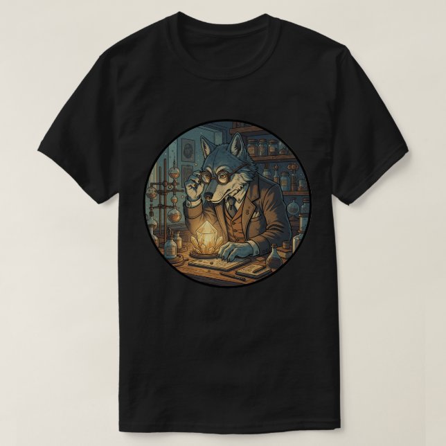 Camiseta Cientista Lobo - Pesquisa de Laboratório de Alquim (Frente do Design)