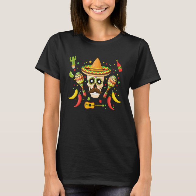 Camiseta Cinco De Mayo Caveira Mexicana Bigode Cacto Flor (Frente)