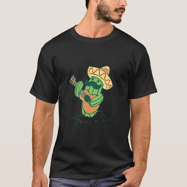 Camiseta Cinco De Mayo Mexicano Cactus Com Sombrero E Gui (Frente)