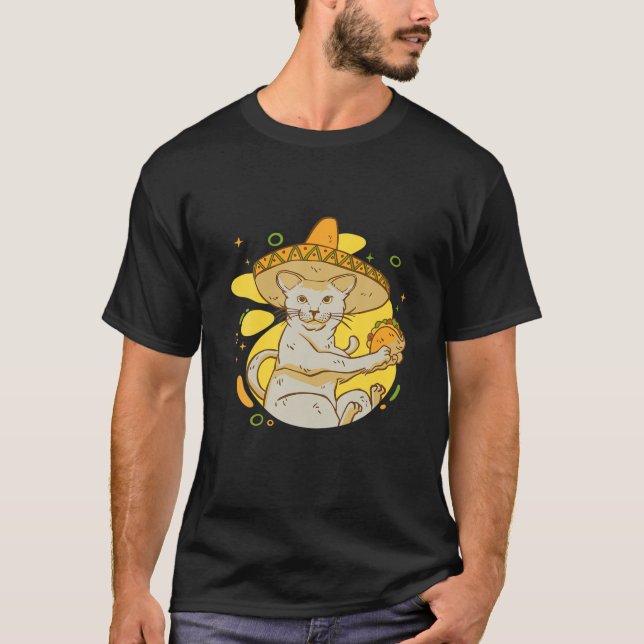Camiseta Cinco De Mayo Mexicano Taco Cat Com Gráfico Sombri (Frente)