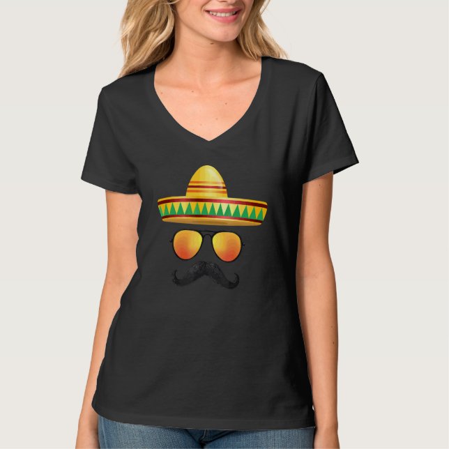 Camiseta Cinco de Mayo Partido Mustache Sunglass Sombrero F (Frente)