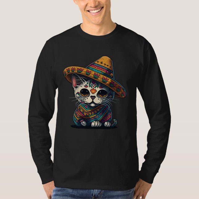 Camiseta Cinco De Mayo Sugar Skull Cat Sombrero Mexican (Frente)