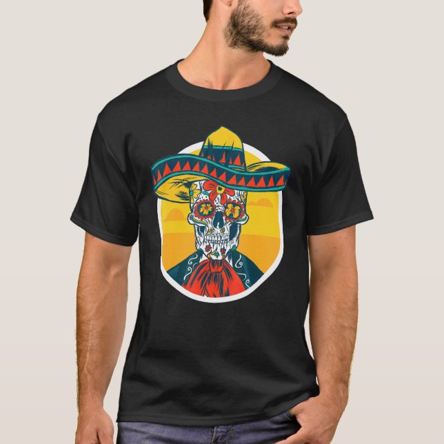 Camiseta Cinco De Mayo Sugar Skull Skeleton Com Tão Mexican (Frente)