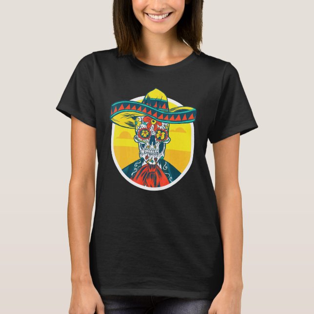 Camiseta Cinco De Mayo Sugar Skull Skeleton Com Tão Mexican (Frente)