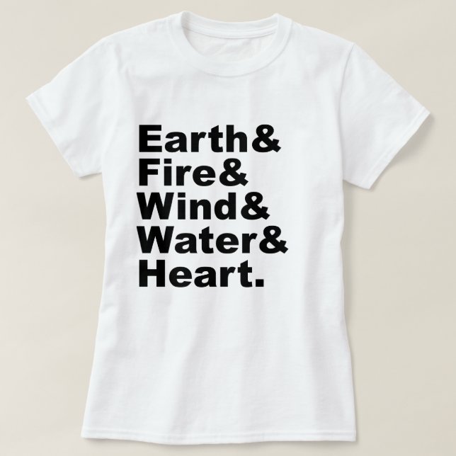 Camiseta Cinco Elementos | Terra Fogo Vento Água & Coração (Frente do Design)