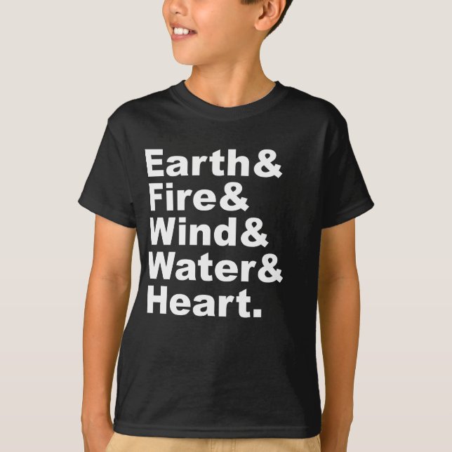 Camiseta Cinco Elementos | Terra Fogo Vento Água & Coração (Frente)