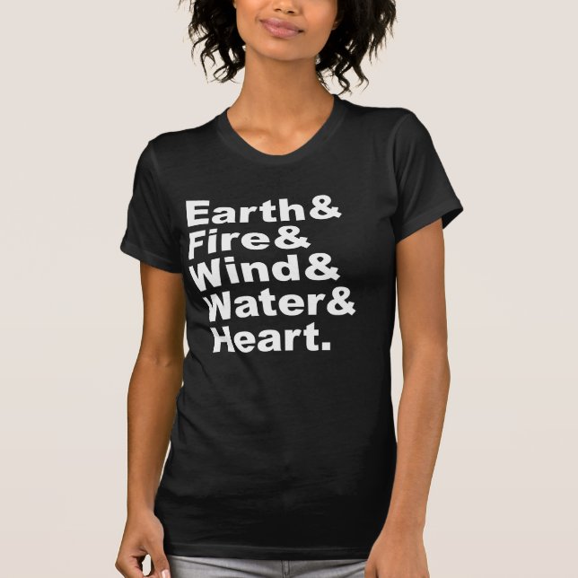 Camiseta Cinco Elementos | Terra Fogo Vento Água e Coração (Frente)