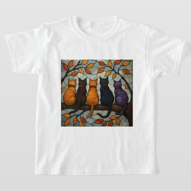 Camiseta Cinco Gatos em um Galho de Árvore Estilo Vidro Col (Postura )