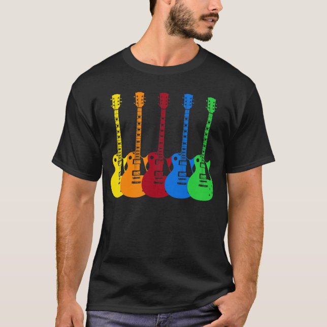 Camiseta Cinco Guitarras Elétricas Coloridas  (Frente)